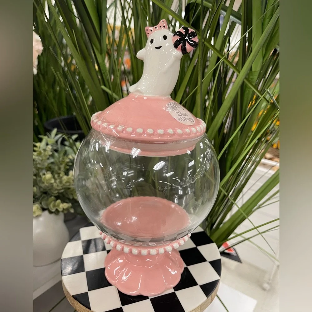 Pink Halloween Ghost Girl W/Candy & Bow Glass Candy jar/Treat Jar NWT Viral